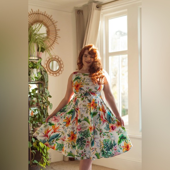 Unique Vintage 50s Tropical White & Orange Floral Cotton Swing Dress, Large, NWT - Picture 4 of 16